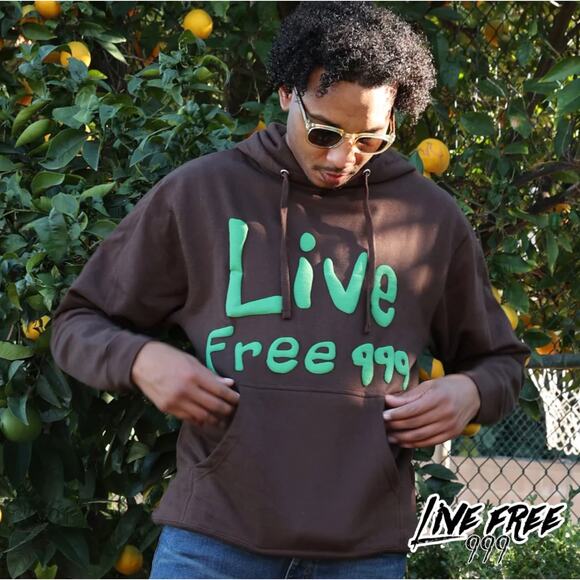 Live Free 999 JUICE WRLD Medium Puff Print Brown Hoodie Streetwear Skater Punk - Picture 2 of 11